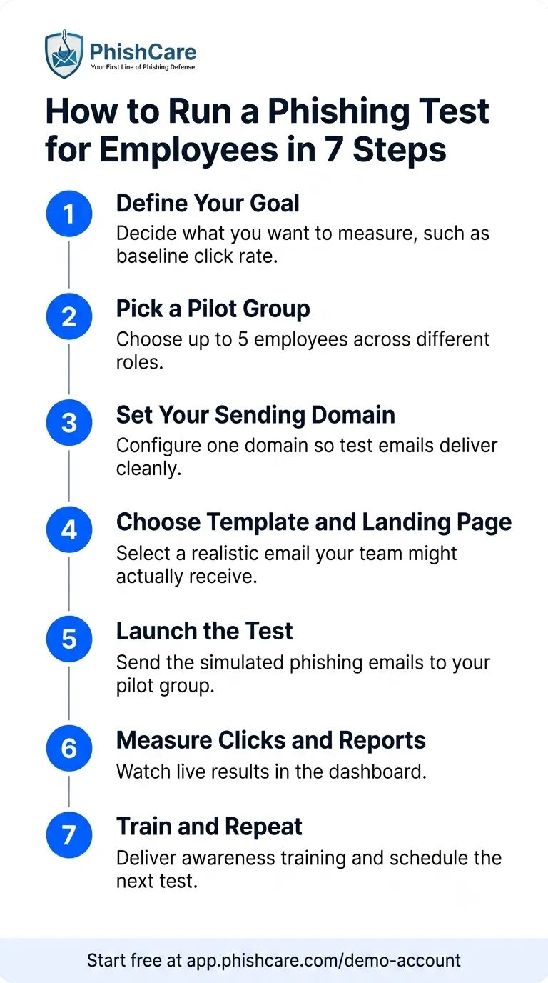 Seven step phishing test workflow for employees: define your goal, pick a pilot group, set your sending domain, choose a template and landing page, launch the test, measure clicks and reports, then train and repeat