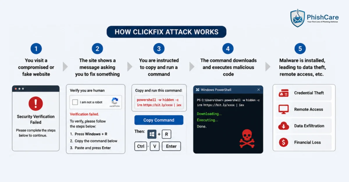 Diagram showing how the ClickFix attack chain works, from the initial lure and fake fix page to the victim pasting a command into the Run dialog and executing the payload