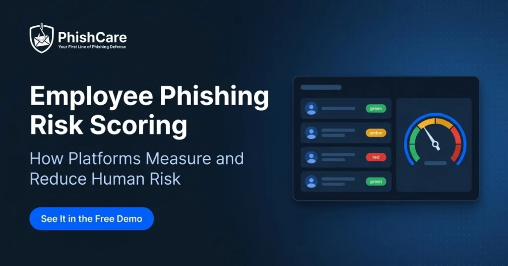 Employee phishing risk scoring dashboard showing individual risk badges and an overall risk score gauge