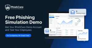 Free phishing simulation demo account from PhishCare showing dashboard preview with test email and campaign stats