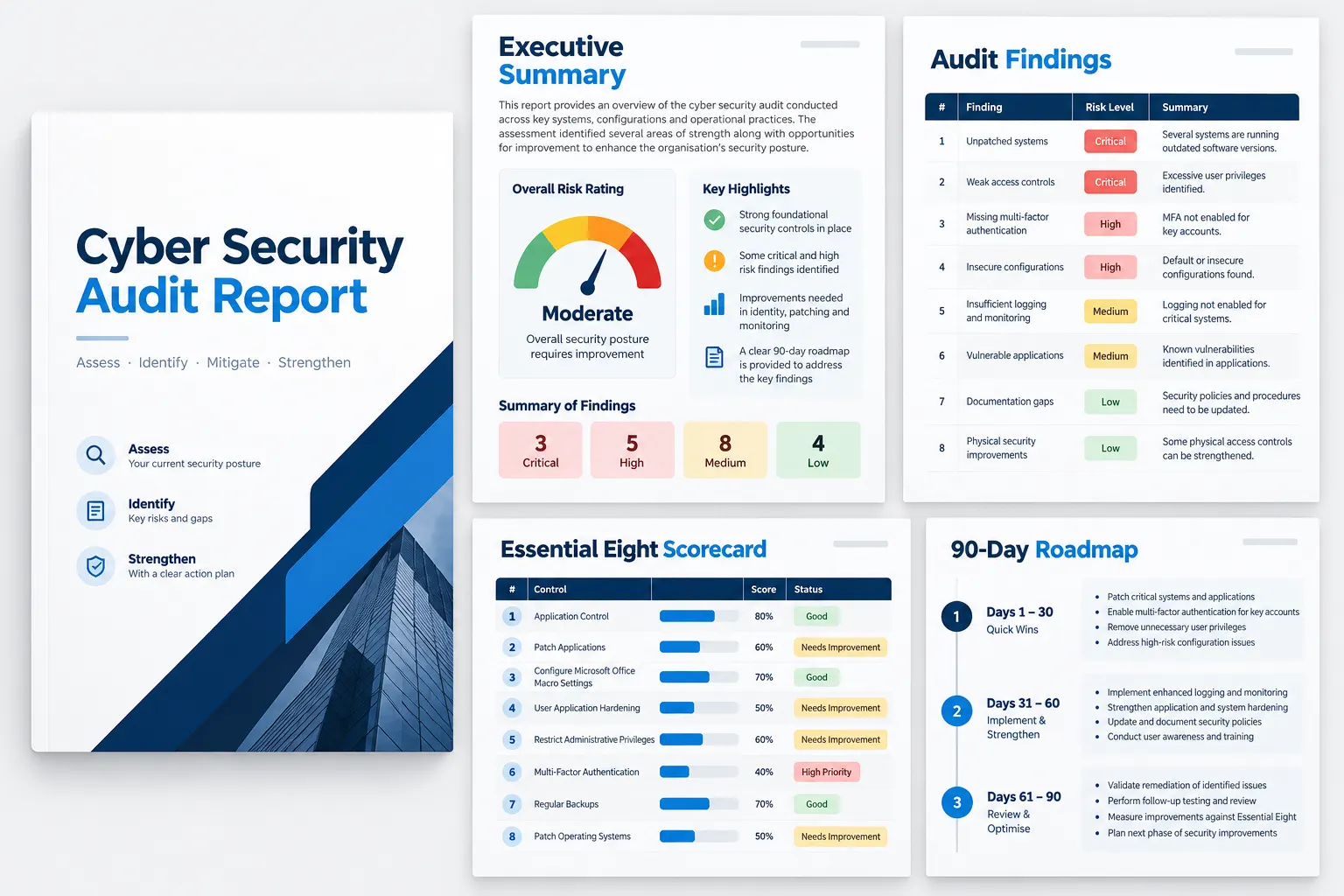 Example cyber security audit report pack: executive summary, risk-rated findings, Essential Eight scorecard and 90-day roadmap